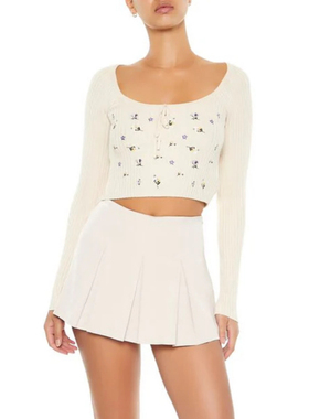 01.03新品 爱福21 欧美纯欲风U领花束刺绣设计感针织修身长袖上衣