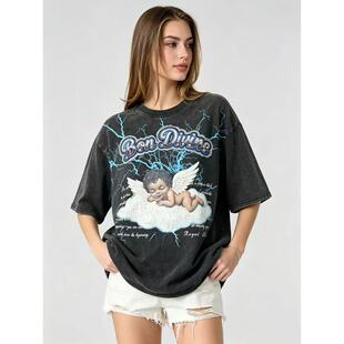 07.04新品 REDFOX 美式复古小众天使字母印花休闲宽松圆领T恤上衣