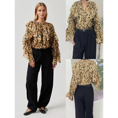 飘逸荷叶边豹纹衬衫萊赛尔混纺