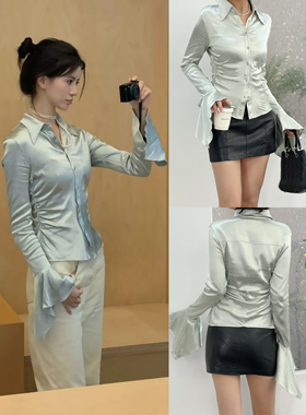 01.03新品 优R 早春新品法式质感腰部褶皱设计喇叭袖通勤高级衬衫