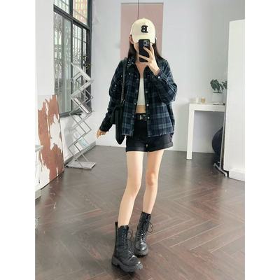 撞色格子翻领宽松毛边衬衫上衣