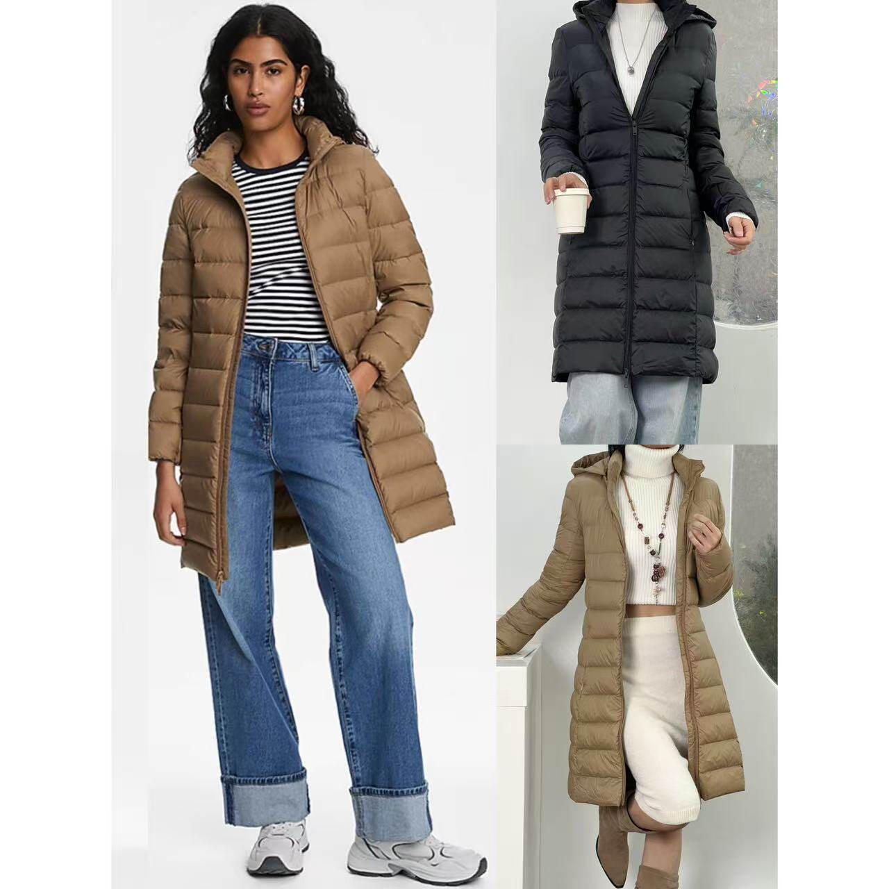 拉链帽子可拆卸长款轻薄羽绒服