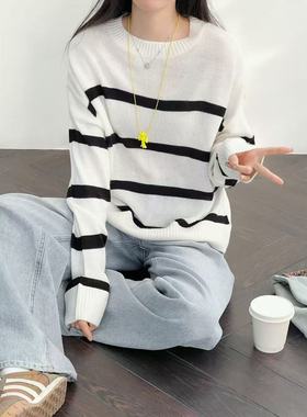 12.06新品 瑞典单 韩系休闲百搭黑白条纹圆领宽松显瘦针织上衣