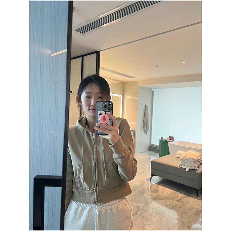 美式复古拉链连帽短款外套