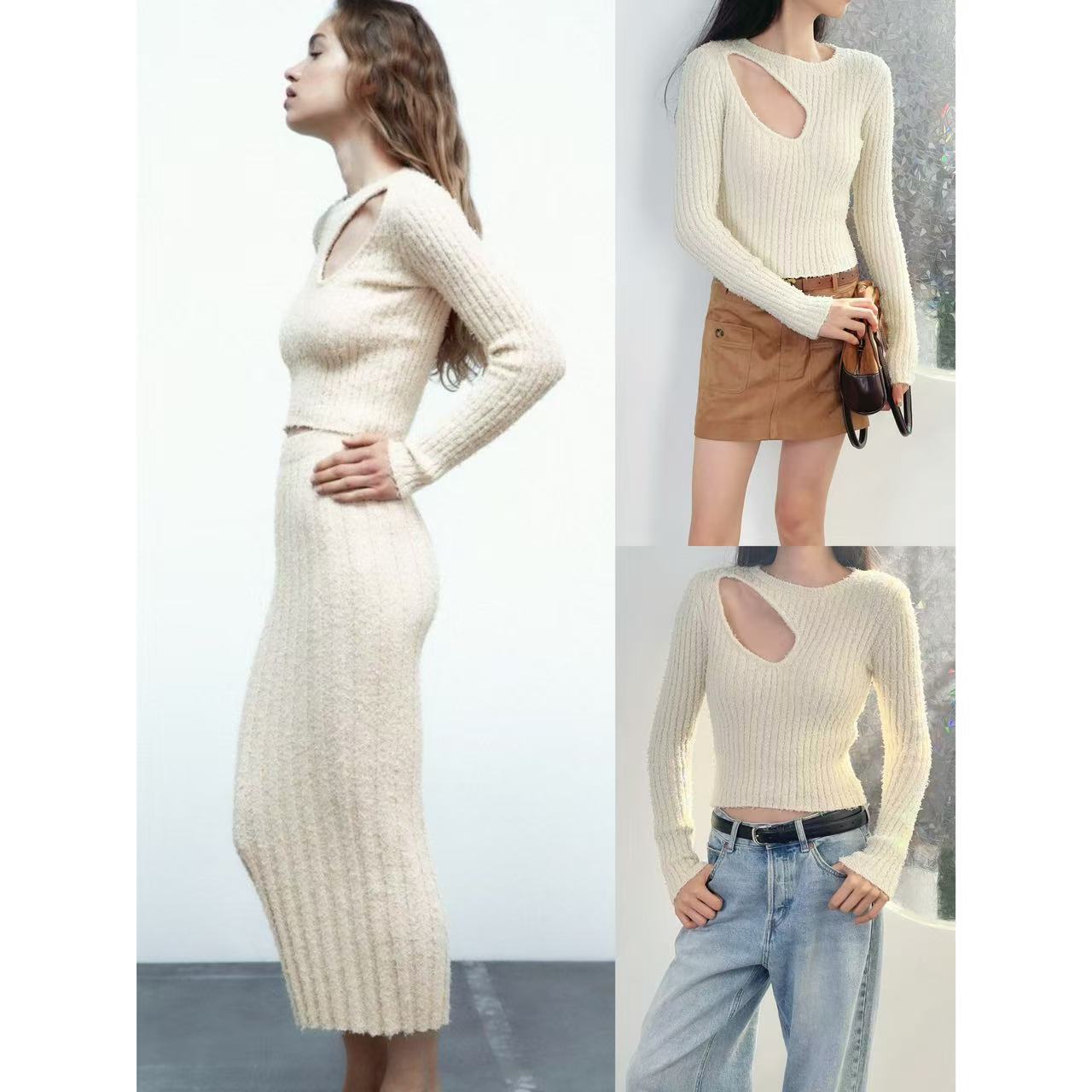 镂空挖肩修身显瘦百搭针织上衣