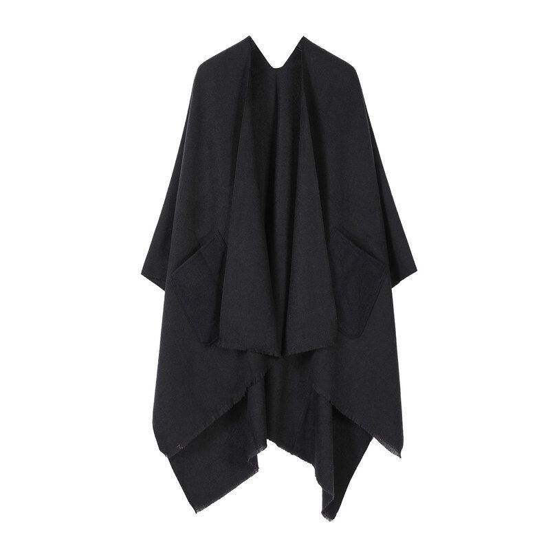 定制logo纯色仿羊绒披肩外搭女素色口袋披风外套开叉斗篷两用围巾