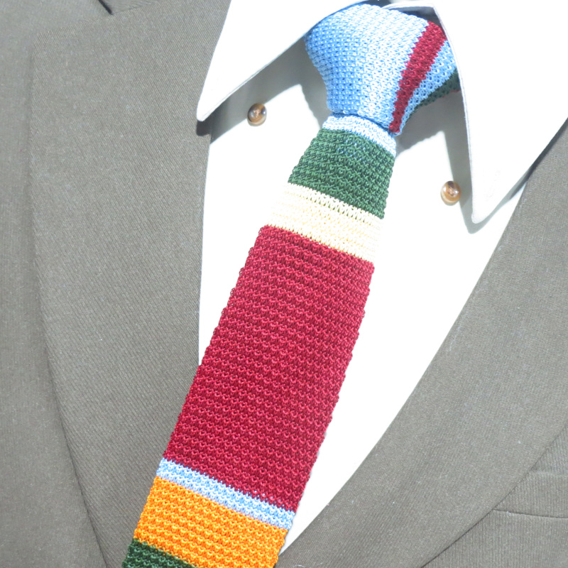 5.5CM窄版休闲时尚蓝色领带平头针织领带时尚绿黄色条纹复古领带