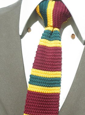 5.5公分窄版休闲酒红领带平头针织上班领带绿色黄色条纹复古领带