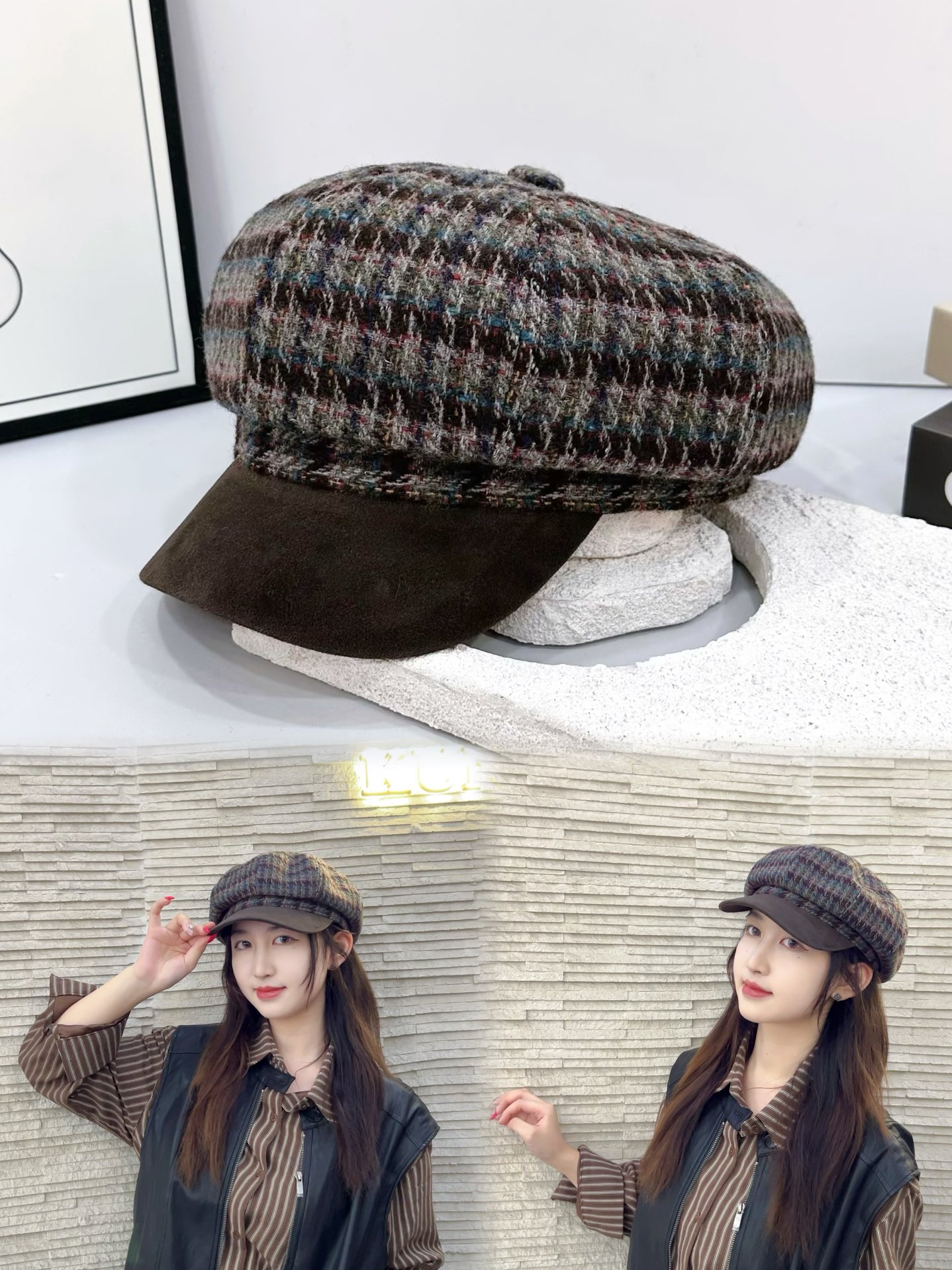 25秋冬新款羊毛呢八角帽女复古气质马术帽千鸟格云朵贝雷帽显脸
