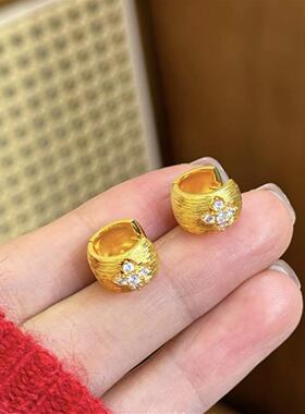 法式金色拉丝锆石花朵925银针