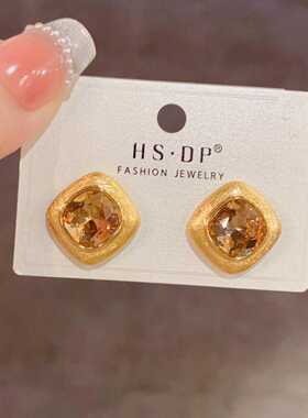 复古金属风拉丝菱形镶钻925纯银针耳钉女个性独特新款冷淡风耳环