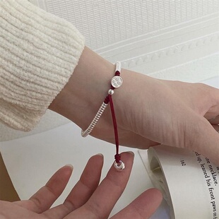 实心银坨s925纯银平安喜乐钱串子盘缠手链本命年红绳手串龙年礼物