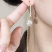 流苏耳饰 长款 2026新款 潮满钻球球耳线银耳环999纯银针女气质时尚