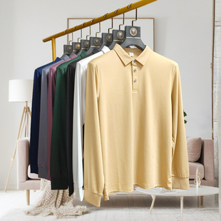 新品 秋冬100纯棉加厚长袖T恤男翻领中年polo衫商务休闲带领子