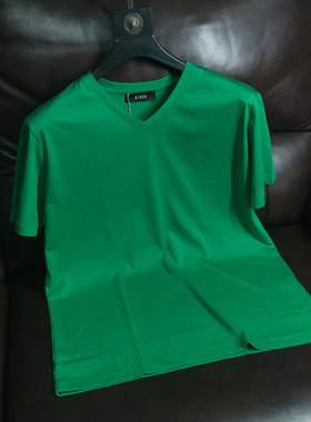 丝滑料 莱赛尔冰丝t恤男V领绿色短袖双丝光棉速干大码超薄半袖夏