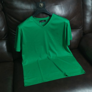 超薄半袖 双丝光棉速干大码 夏 莱赛尔冰丝t恤男V领绿色短袖 丝滑料