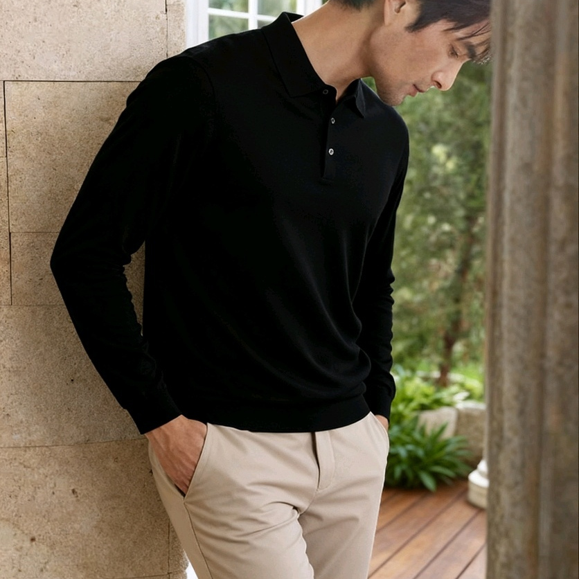 新品 高端改善可机洗羊毛衫男100纯羊毛商务翻领毛衣男POLO薄款男