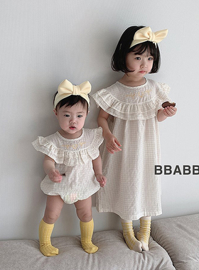 现货韩国童装BBABBA夏婴幼儿宝宝荷叶边精致甜美爬服连衣裙姐妹装