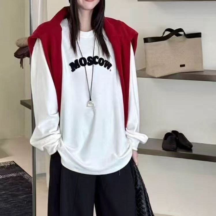 字母植绒毛巾绒加厚松弛感大版长袖T恤女冬季宽松百搭休闲打底衫
