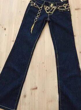 2026新款O+专柜正品圈圈链子深蓝春秋女士显瘦微喇牛仔裤/无腰带
