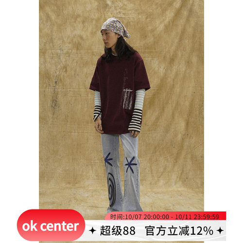 okcenter长裤手绘星星膝蓋拼布