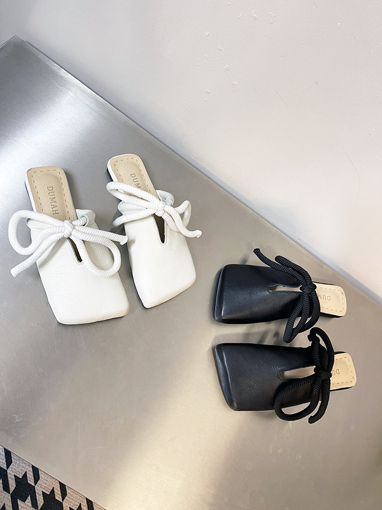 2026夏季新品欧美风斜口大方头牛皮深口套脚绑带原创平底潮女拖鞋