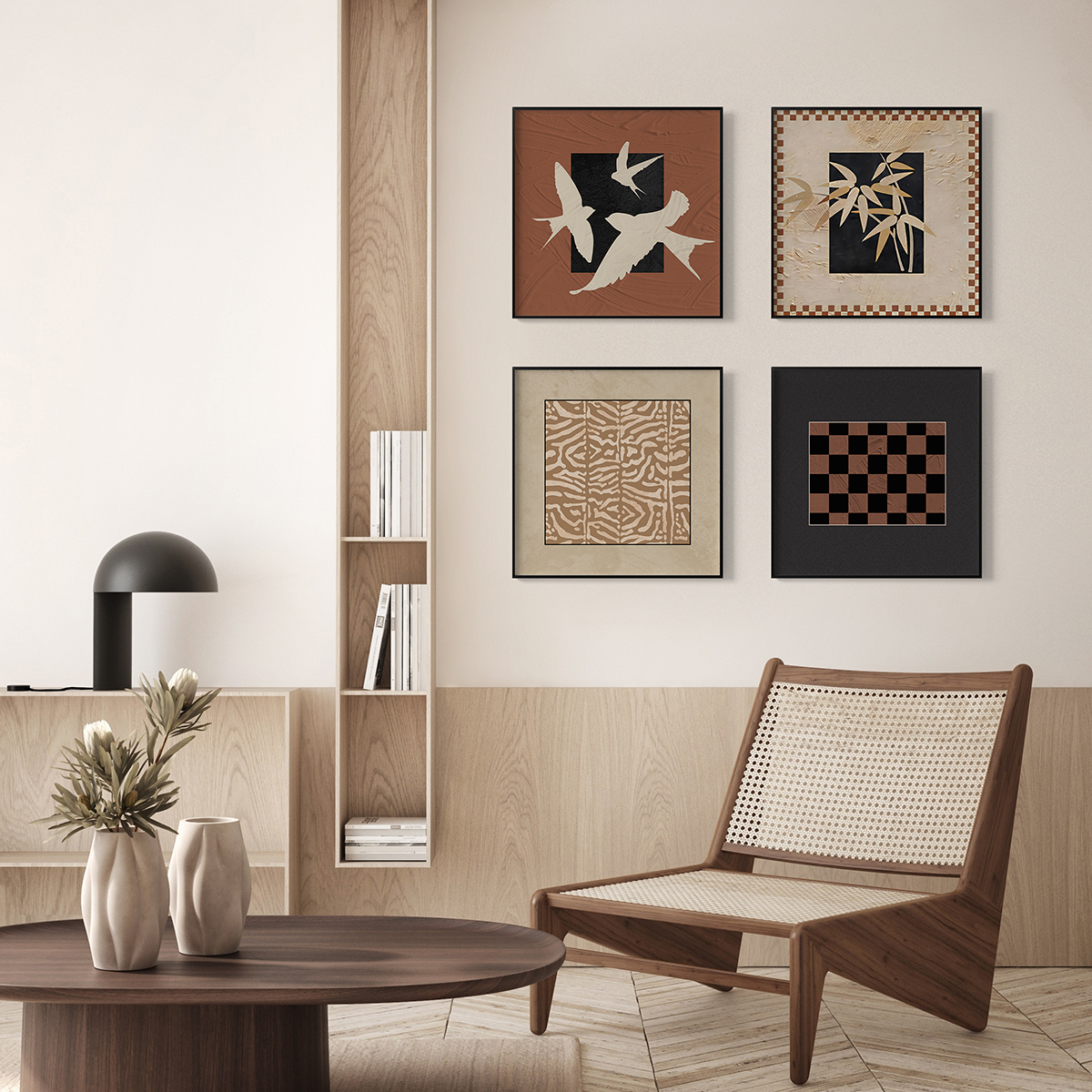 淡雅竹韵客厅卧室沙发酒店抽象中古装饰画挂画艺术框油画壁画组合图片