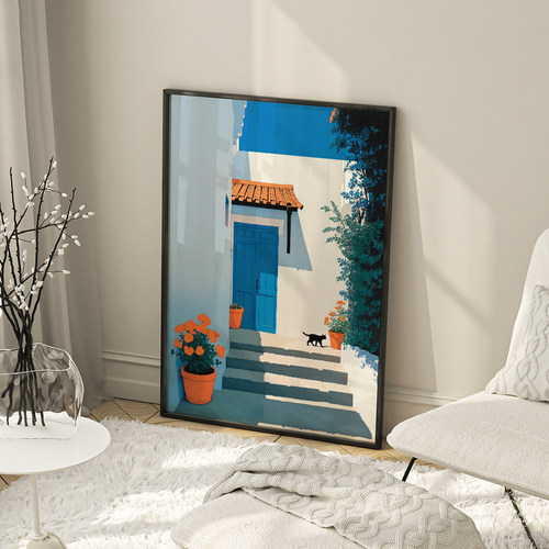 家门与猫客厅卧室沙发动物猫水彩卡通漫画装饰画挂画艺术油画壁画