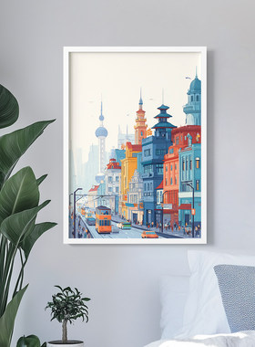 城市晨光客厅卧室沙发玄关墙壁装饰画挂画艺术框油画壁画海报插画