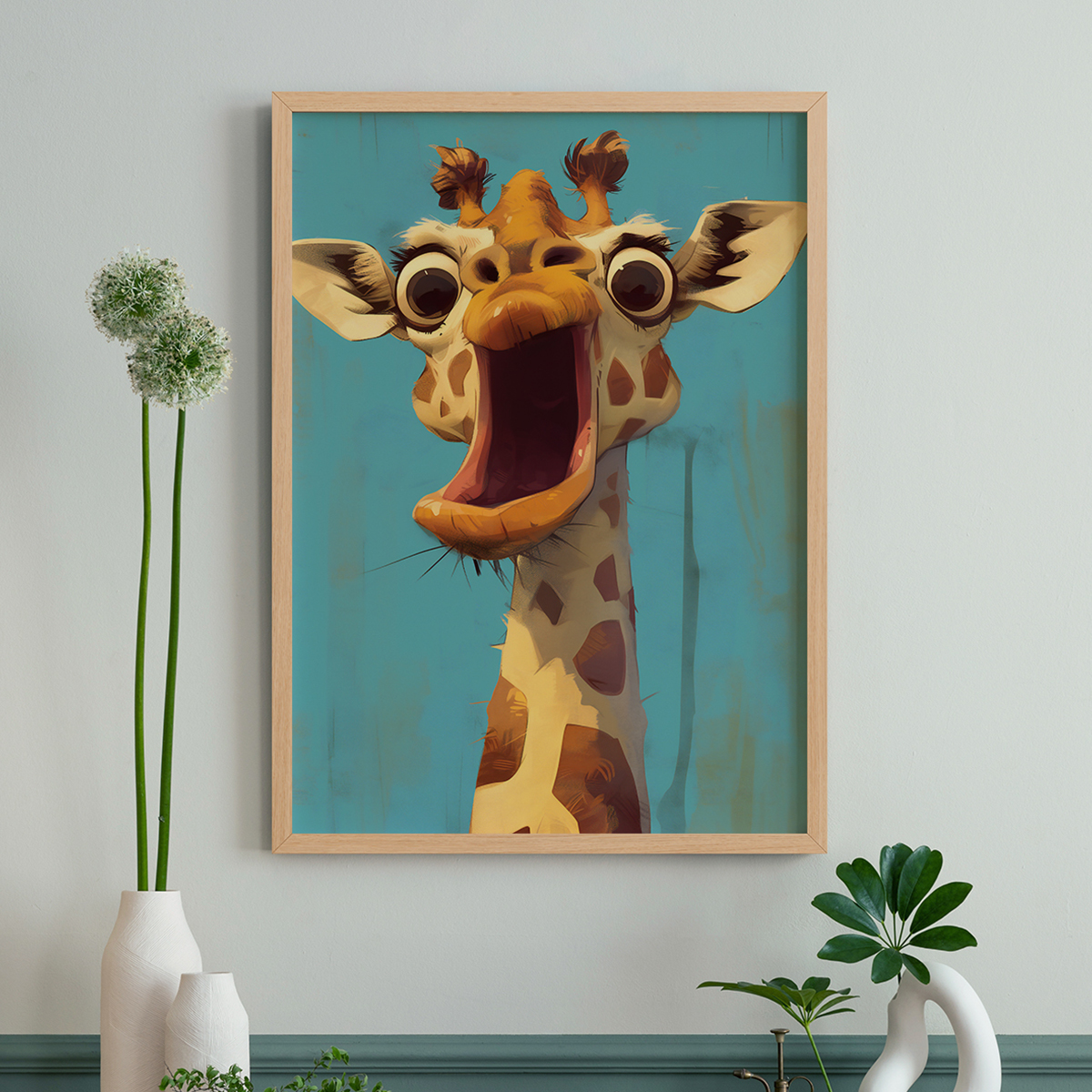 受惊的长颈鹿客厅卧室沙发儿童房动物装饰画挂画艺术框油画壁画图片