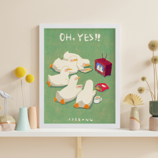 鸭子的慵懒时光儿童房幼儿园动物卡通漫画装饰画挂画艺术油画壁画