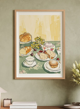 午后茶点时光客厅食物插画卧室沙发餐厅装饰画挂画艺术框油画壁画