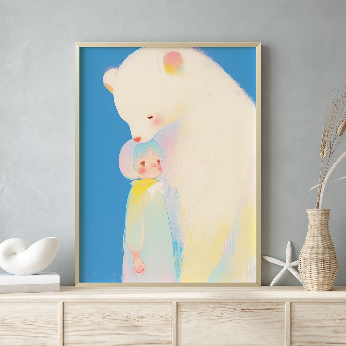 纯真小白熊客厅卧室沙发卡通漫画治愈系装饰画挂画艺术框油画壁画