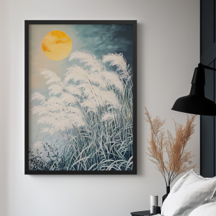 月夜苇影沙发背景墙挂画电表箱客厅装 饰画卧室墙壁油画壁画风景