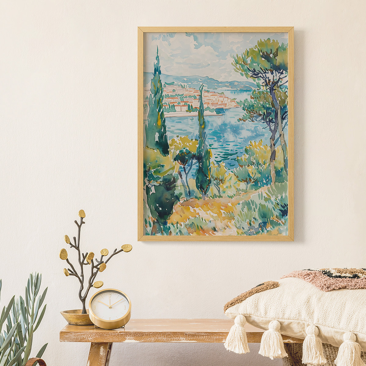 宁静海湾客厅卧室沙发风景自然植物水彩装饰画挂画艺术框油画壁画