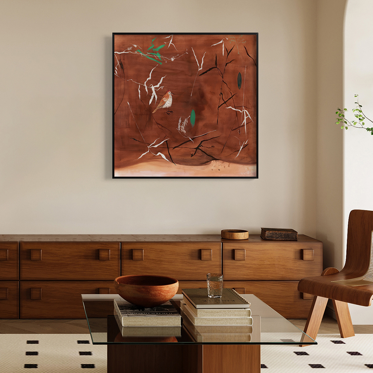 秋叶中的栖息客厅卧室沙发动物鸟中古装饰画挂画艺术框油画壁画图片