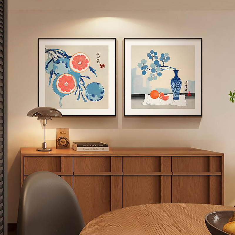 橙色水果餐厅装饰画青花瓷现代简约厨房壁画新中式正方形客厅挂画图片