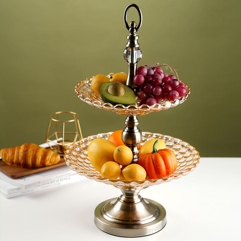 欧式特大号果盘水晶玻璃创意高脚双层果盘现代客厅水果盘糕点摆盘