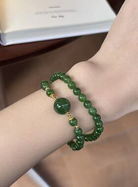 天然原矿和田玉菠菜绿双圈手串