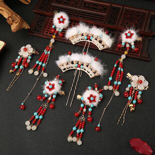 中国风冬季 汉服毛球全套发饰毛绒过年发夹整套头饰排簪儿童女配饰