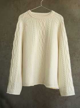 云芝元 25冬新款康赛妮羊绒衫白色绞花插肩袖纯羊绒套头衫1206-M