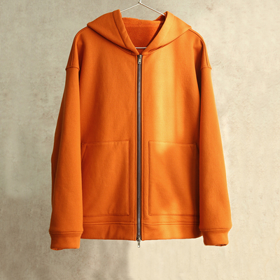 云芝元 新冬款橘色牦牛绒抓绒落肩拉链针织女款连帽卫衣2302-M