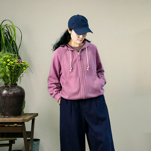 云芝元 藤萝紫全棉进口毛圈针织插肩袖文艺休闲百搭拉链帽衫卫衣
