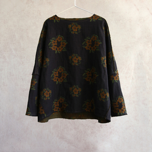 云芝元 新冬款绿色全棉提花一字领落肩套头衫双面轻松衣2305-B