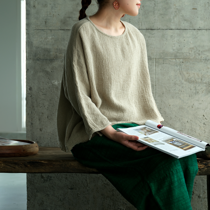 云芝元 设计师款原麻色七分袖文艺简约休闲亚麻毛边套头衫