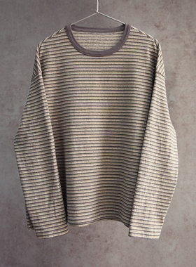 云芝元 设计师新冬款进口灰杏条纹圆领有机棉长袖T恤2905-M