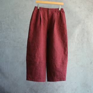 酒红色亚麻和纸手工炒色刺绣半松紧腰花苞裤 新款 26春季 云芝元