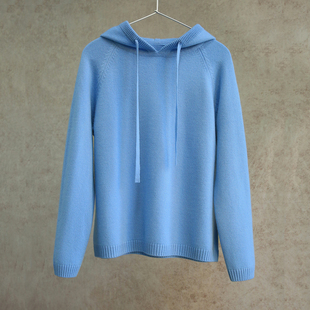 宽松套头毛衣1208M 康赛妮纯羊绒水蓝色连帽羊绒帽衫 云芝元 新冬款