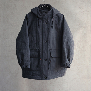 云芝元 新冬款灰蓝色汉麻棉连帽中长款棉服外套棉服2911-S