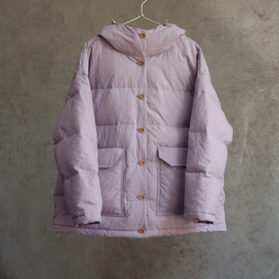 云芝元 进口日晒干淡紫亚麻棉95白鹅绒连帽保暖羽绒服0405M 新冬款